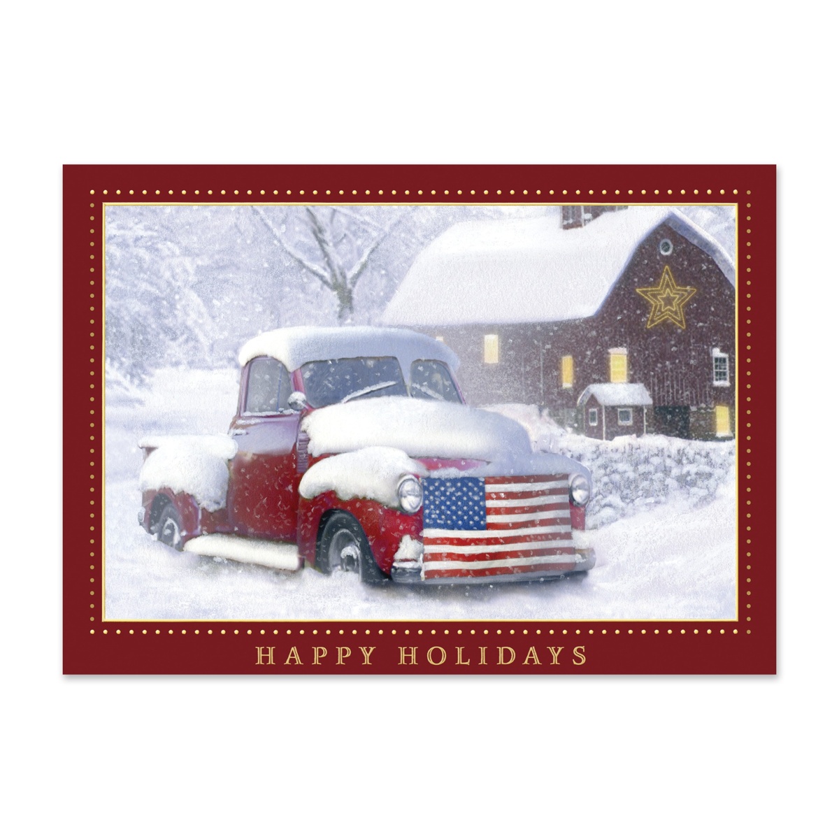 Holiday card featuring a snow-covered vintage red pickup truck with an American flag grille parked outside a rustic country barn in winter