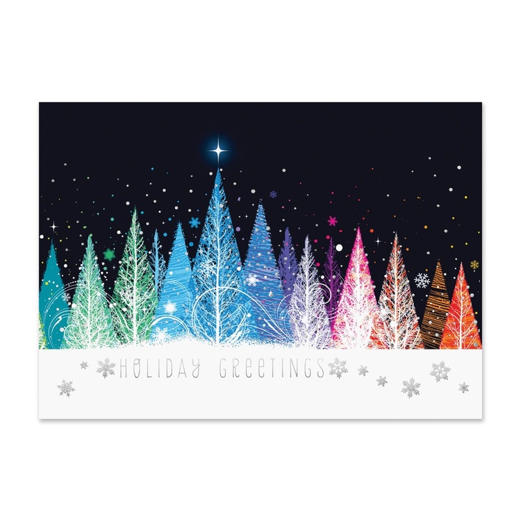 Holiday Greetings card featuring a colorful illuminated winter forest with vibrant Christmas trees and sparkling snowfall against a night sky