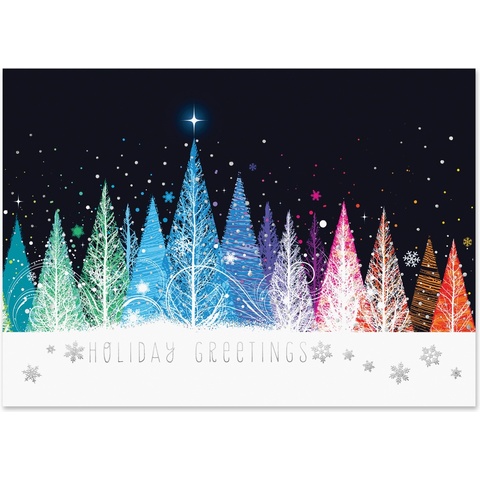 Holiday Greetings card featuring a colorful illuminated winter forest with vibrant Christmas trees and sparkling snowfall against a night sky
