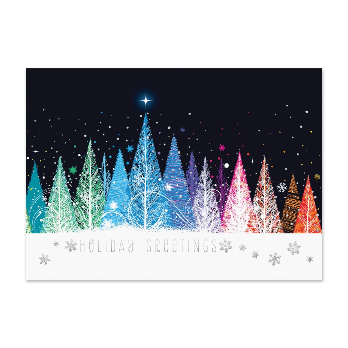 Holiday Greetings card featuring a colorful illuminated winter forest with vibrant Christmas trees and sparkling snowfall against a night sky