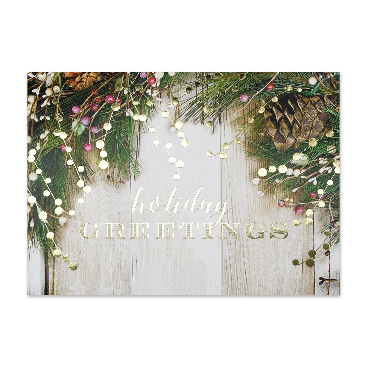 Rustic holiday greeting card featuring pine branches, pinecones, berries, and warm string lights on a weathered wood background