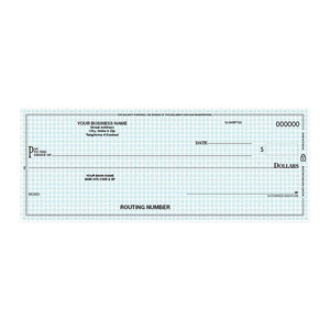 Custom pocket business check with blue security background pattern and business detail printing