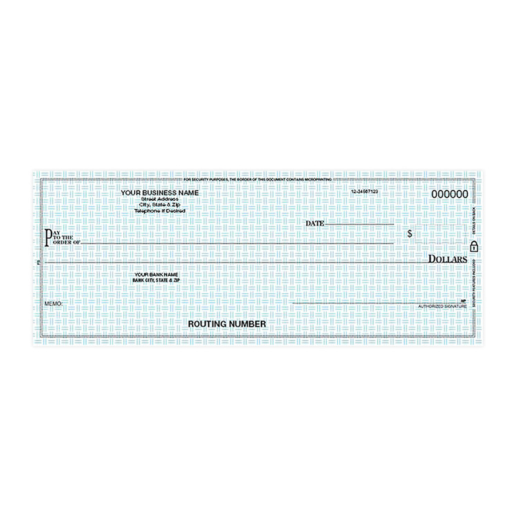 Custom pocket business check with blue security background pattern and business detail printing