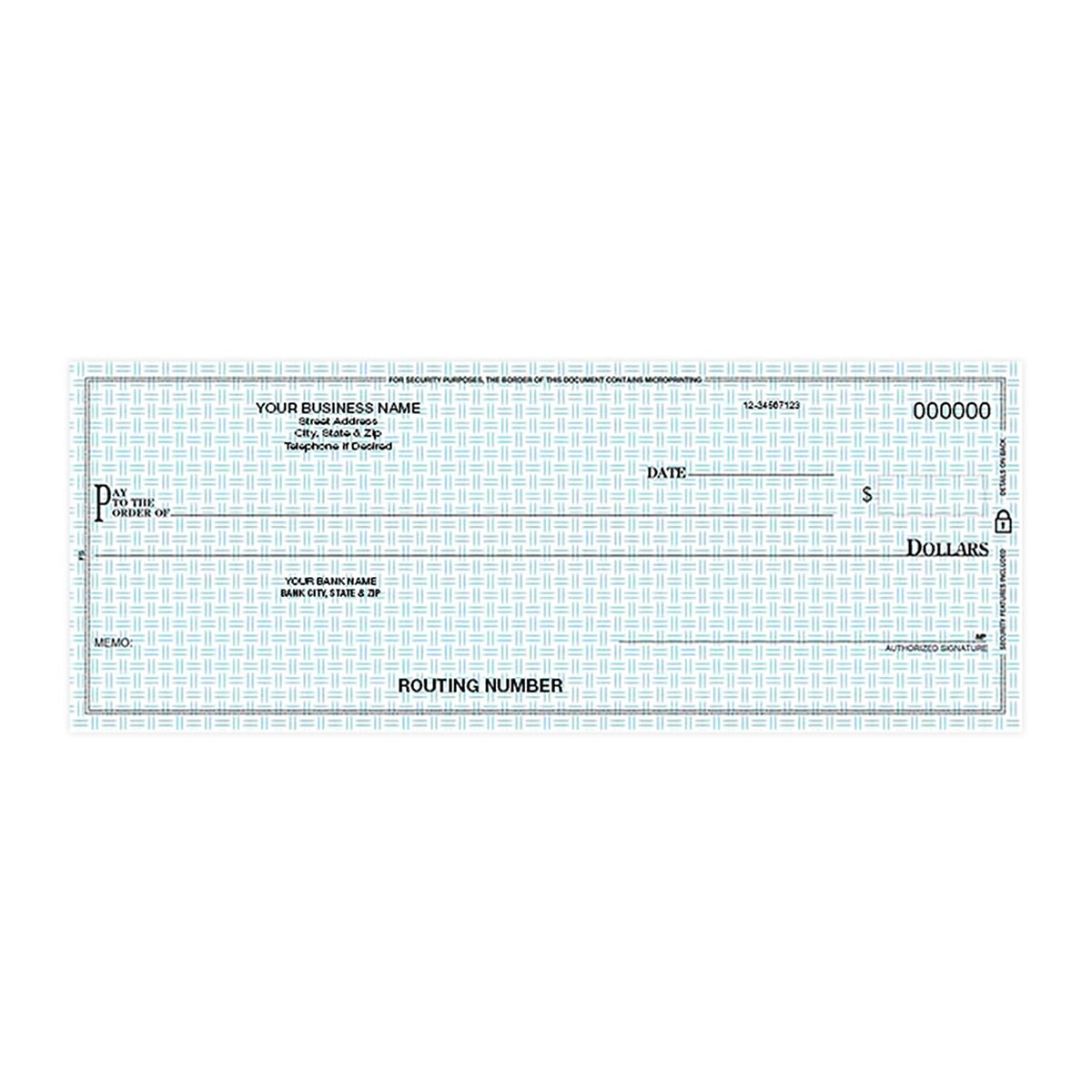 Custom pocket business check with blue security background pattern and business detail printing