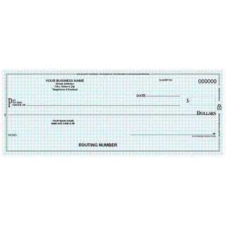Custom pocket business check with blue security background pattern and business detail printing