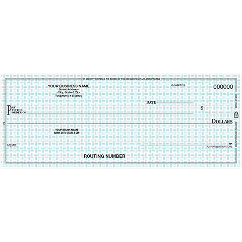Custom pocket business check with blue security background pattern and business detail printing