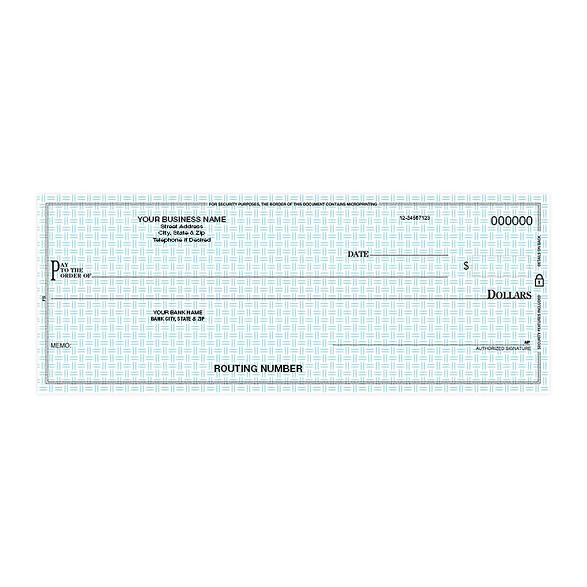 Custom pocket business check with blue security background pattern and business detail printing