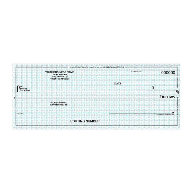 Custom pocket duplicate business checks with blue security background and logo