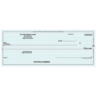 Custom pocket duplicate business checks with blue security background and logo