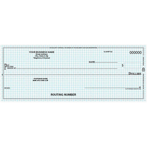 Custom pocket duplicate business checks with blue security background and logo