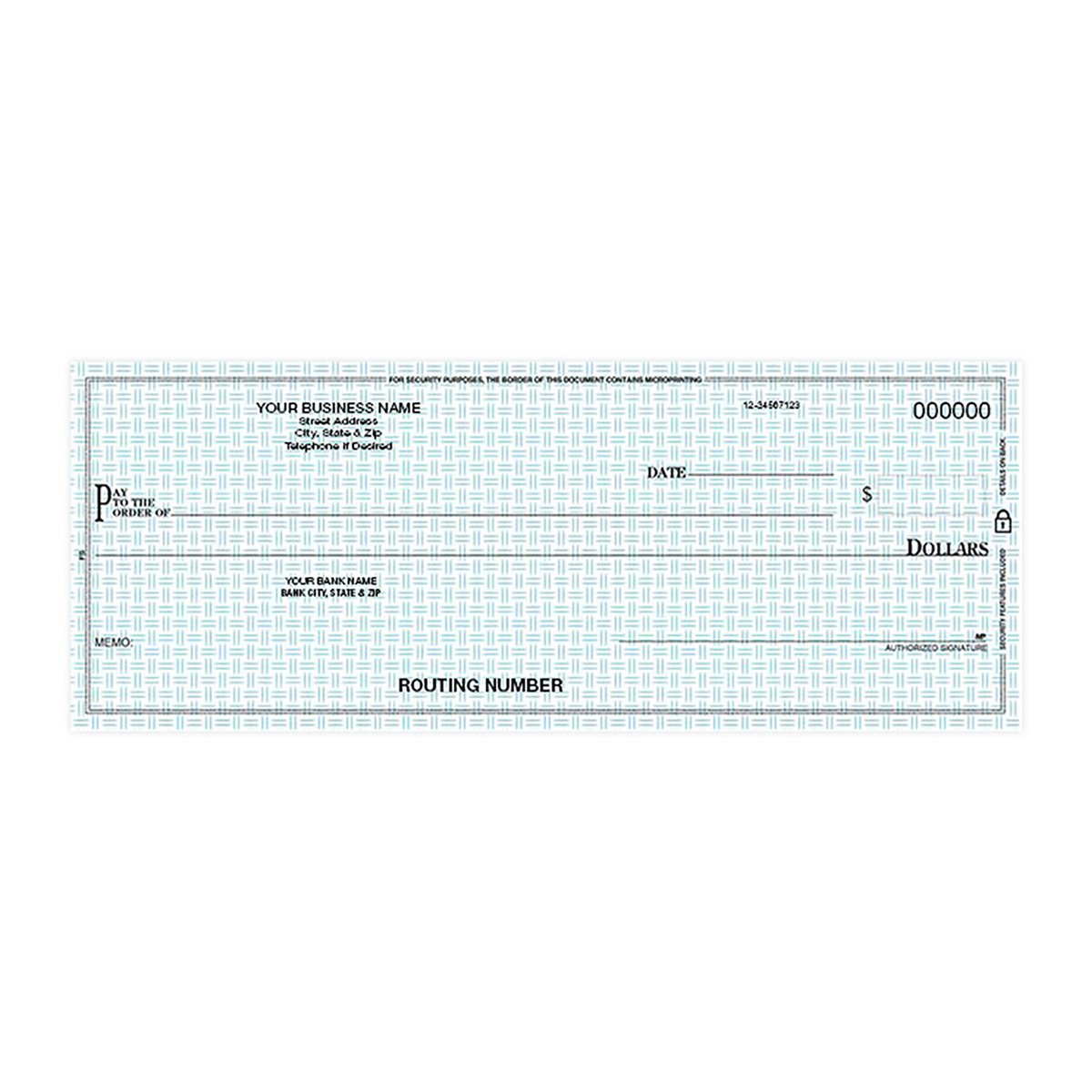 Custom pocket duplicate business checks with blue security background and logo