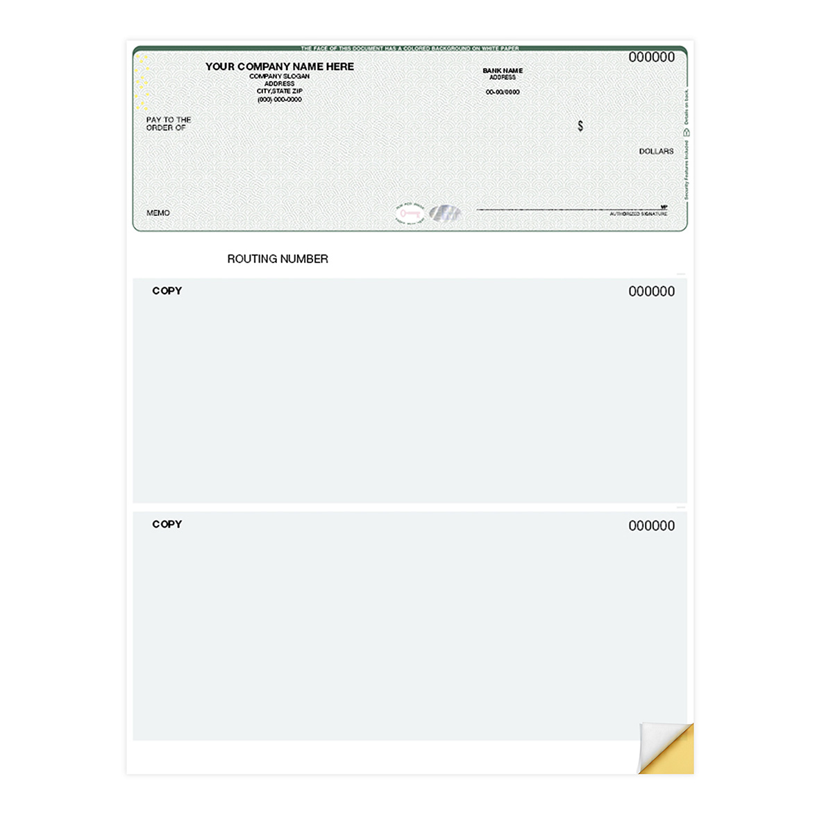QuickBooks compatible top business checks with hologram security feature and unlined section for secure payment processing