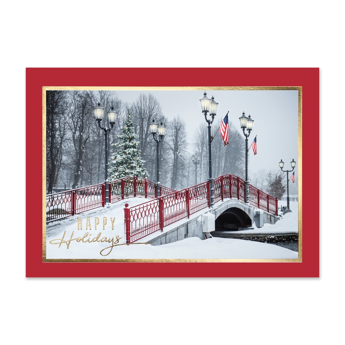 Holiday greeting card featuring a snow-covered red bridge, decorated Christmas tree, vintage lampposts, and a peaceful winter landscape