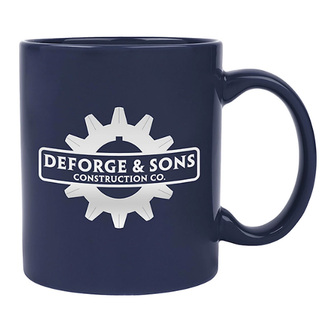 Navy blue 11 oz ceramic mug customized with a white construction company logo