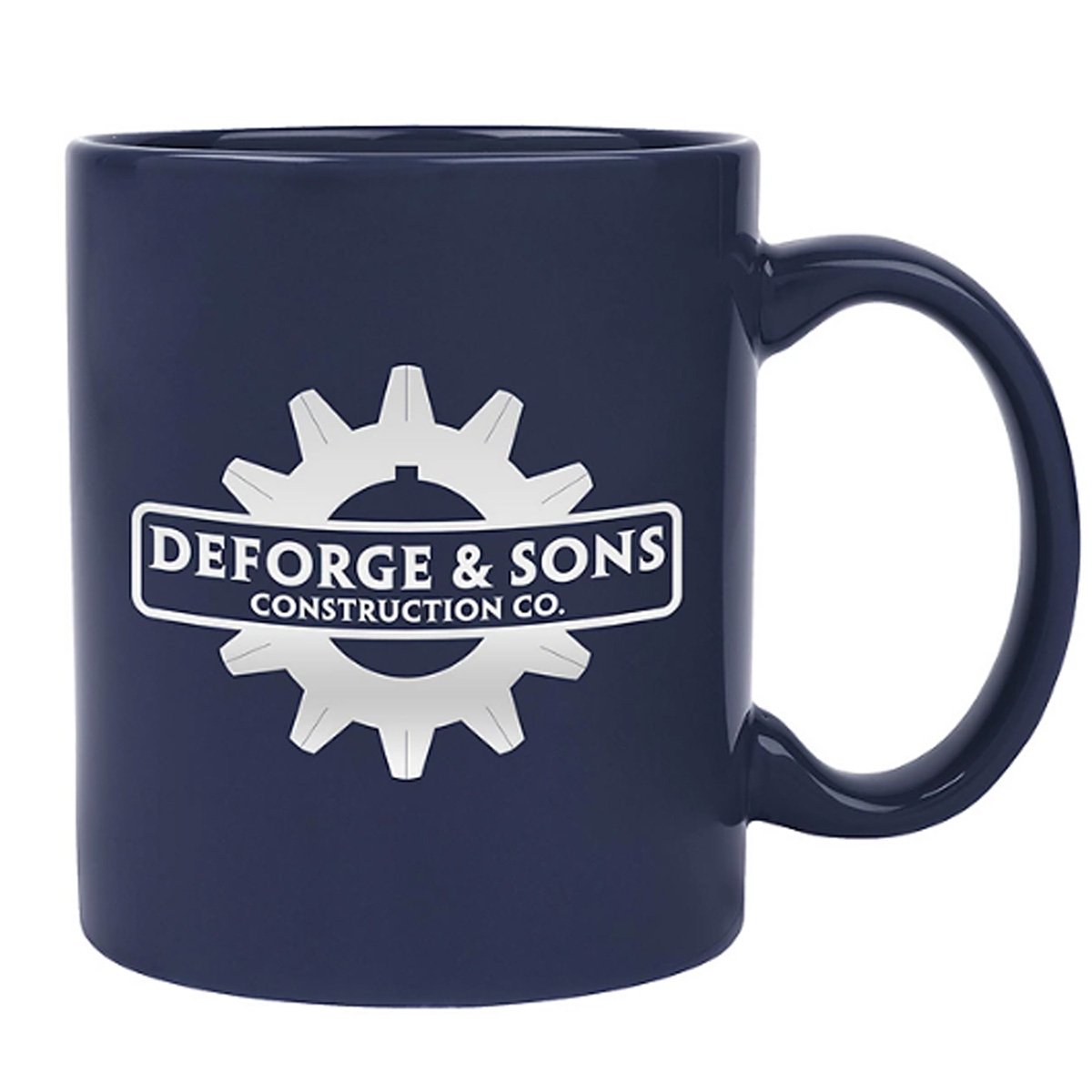 Navy blue 11 oz ceramic mug customized with a white construction company logo
