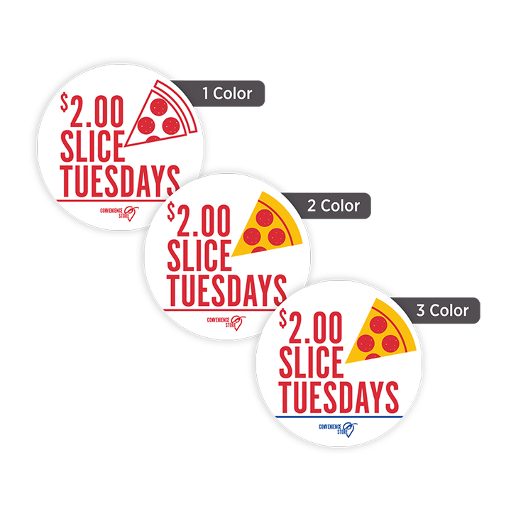 Custom 1 1/2" round promotional labels shown in one-color, two-color, and three-color printing options for product packaging and branding.