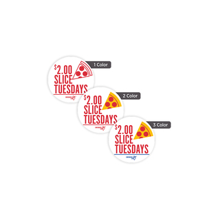 Custom 1 1/2" round promotional labels shown in one-color, two-color, and three-color printing options for product packaging and branding.