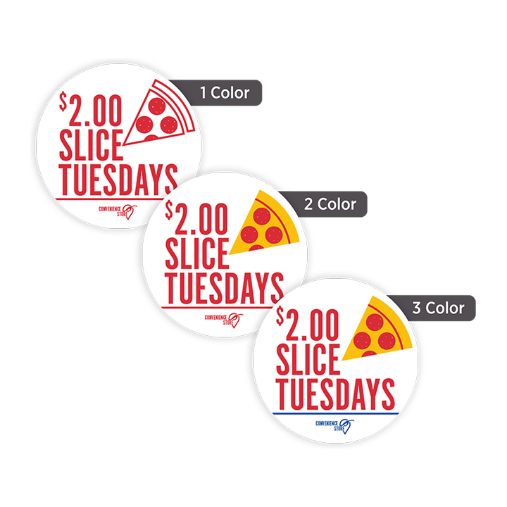 Custom 1 1/2" round promotional labels shown in one-color, two-color, and three-color printing options for product packaging and branding.