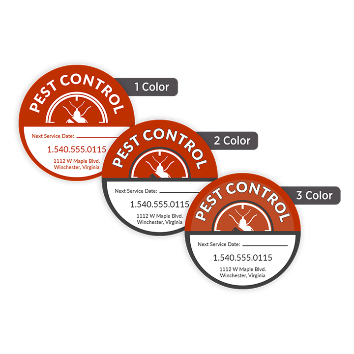 Custom 1.75-inch round labels shown in one-color, two-color, and three-color printing options for packaging and product identification