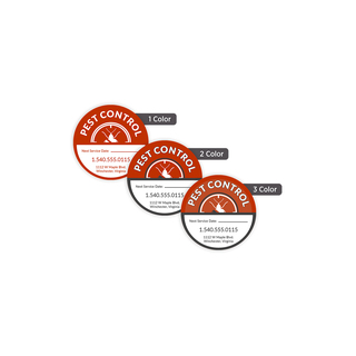 Custom 1.75-inch round labels shown in one-color, two-color, and three-color printing options for packaging and product identification