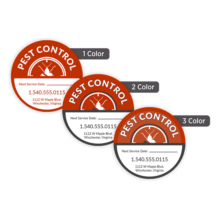 Custom 1.75-inch round labels shown in one-color, two-color, and three-color printing options for packaging and product identification