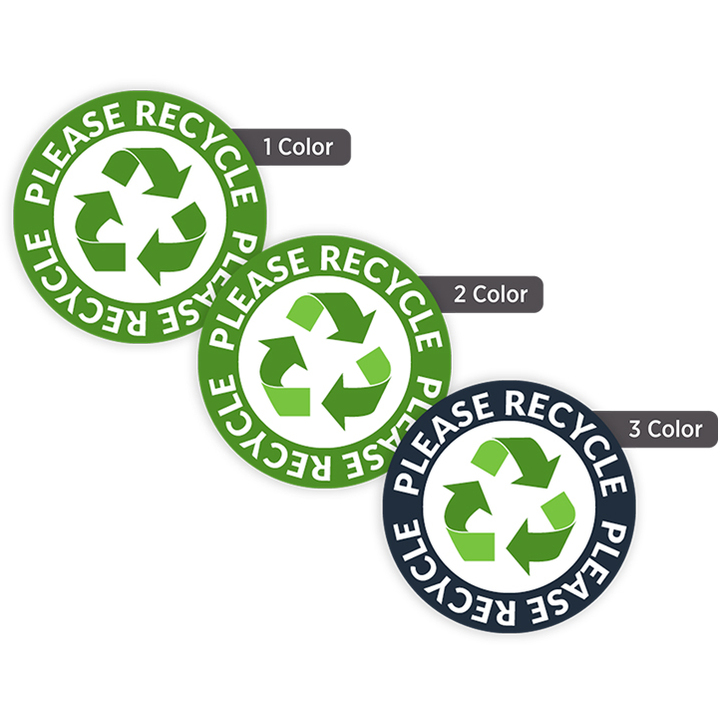 Custom 1-inch round labels displayed in one-color, two-color, and three-color printing options for product packaging and branding