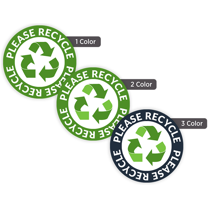 Custom 1-inch round labels displayed in one-color, two-color, and three-color printing options for product packaging and branding