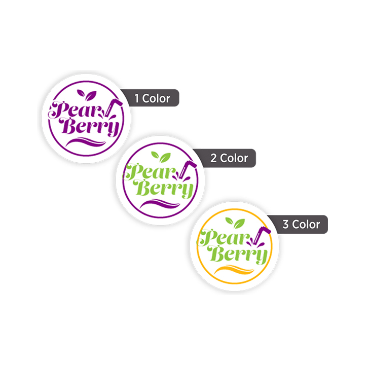 Custom 1/2-inch round labels shown in one-color, two-color, and three-color printing options for product branding and packaging