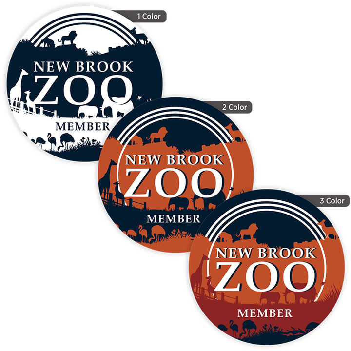 Custom 2 1/2-inch round labels shown in one-color, two-color, and three-color printing options for branding and product packaging