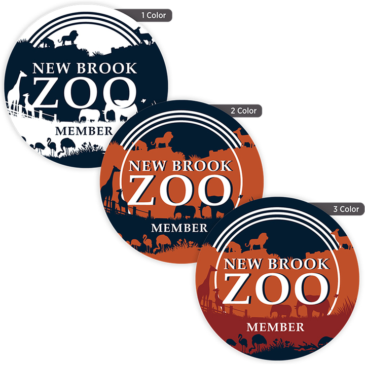 Custom 2 1/2-inch round labels shown in one-color, two-color, and three-color printing options for branding and product packaging