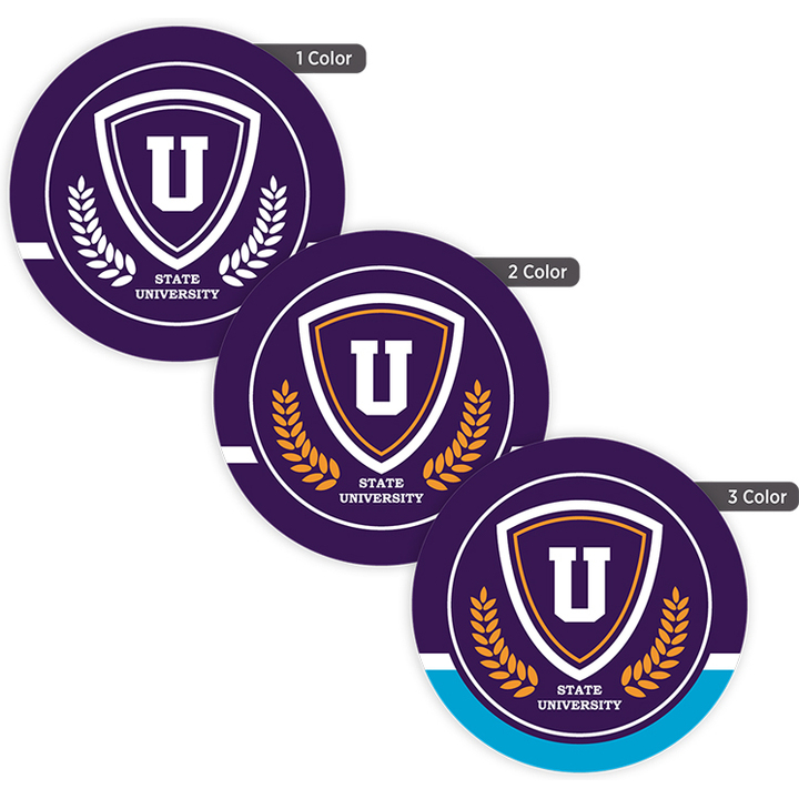 Custom 2 1/4-inch round labels available in one-color, two-color, and three-color printing for branding, promotions, and product identification