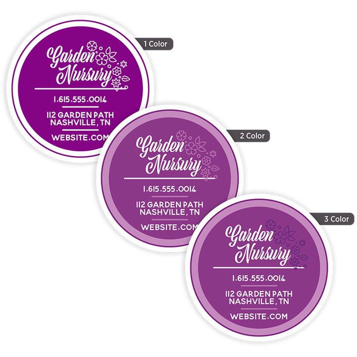 Custom 3-inch round labels available in one-color, two-color, and three-color printing for product labeling, branding, packaging, and promotional use