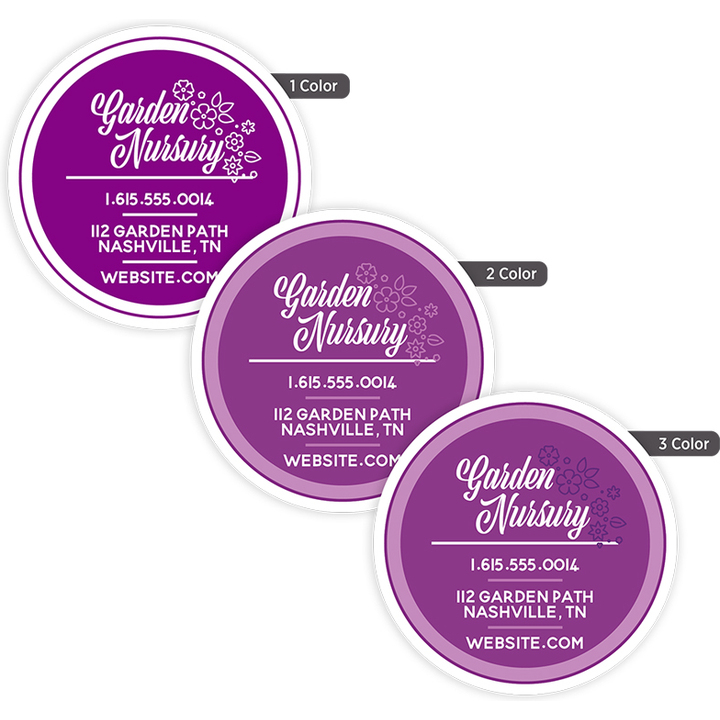 Custom 3-inch round labels available in one-color, two-color, and three-color printing for product labeling, branding, packaging, and promotional use