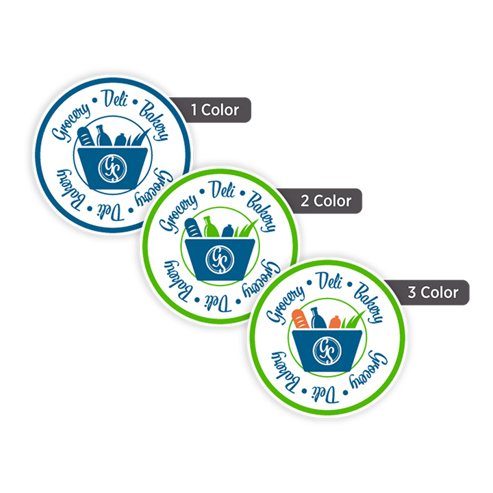 Custom 3/4-inch round labels available in one-color, two-color, and three-color printing for branding, product identification, packaging, and promotional use