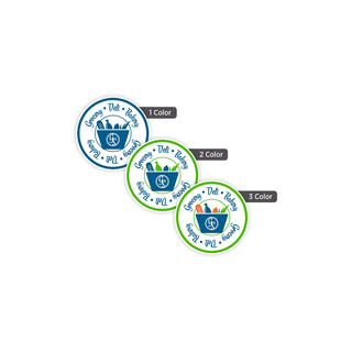 Custom 3/4-inch round labels available in one-color, two-color, and three-color printing for branding, product identification, packaging, and promotional use