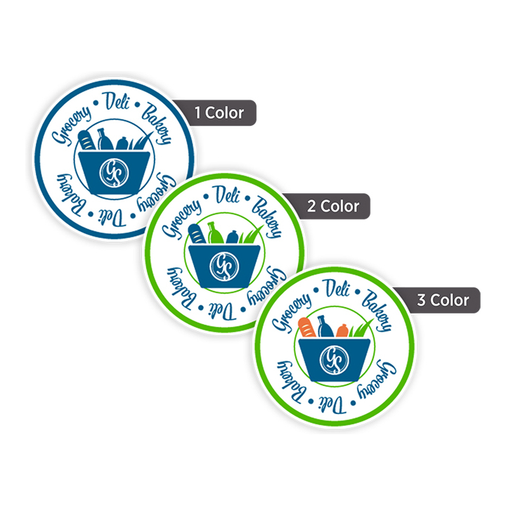 Custom 3/4-inch round labels available in one-color, two-color, and three-color printing for branding, product identification, packaging, and promotional use