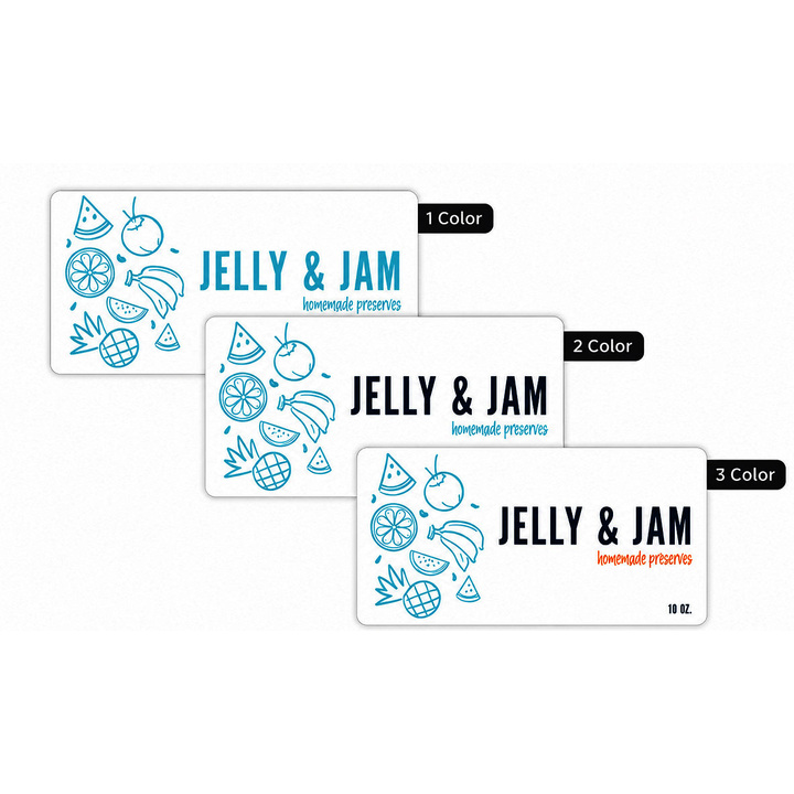 Custom 2" × 4" rectangular product labels available in one-color, two-color, and three-color printing for packaging or other business use
