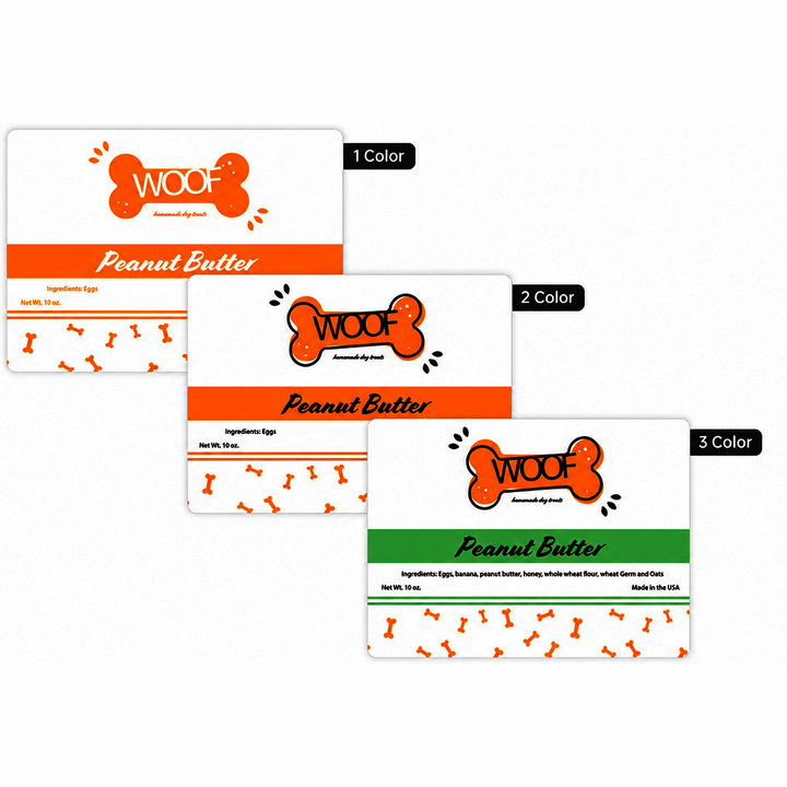 Custom 3" × 4" rectangular labels available in one-color, two-color, and three-color printing for packaging and business products