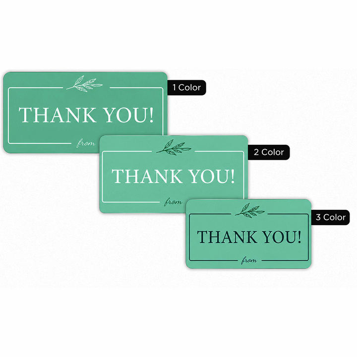 Custom 1" × 2" rectangle labels available in one-color, two-color, and three-color printing for product packaging, thank-you labels, branding, and retail applications