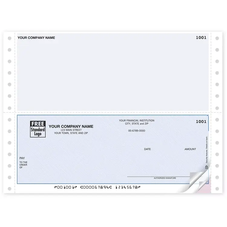 Continuous bottom multi-purpose business checks compatible with Sage, Microsoft Dynamics GP, Deltek, Open Systems, and other accounting software