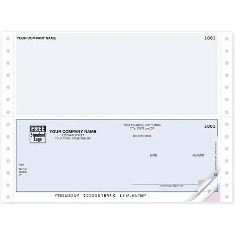Continuous bottom multi-purpose business checks compatible with Sage, Microsoft Dynamics GP, Deltek, Open Systems, and other accounting software