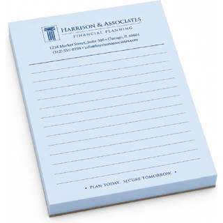 Custom 4.25x5.5 memo pad printed on blue 60 lb paper