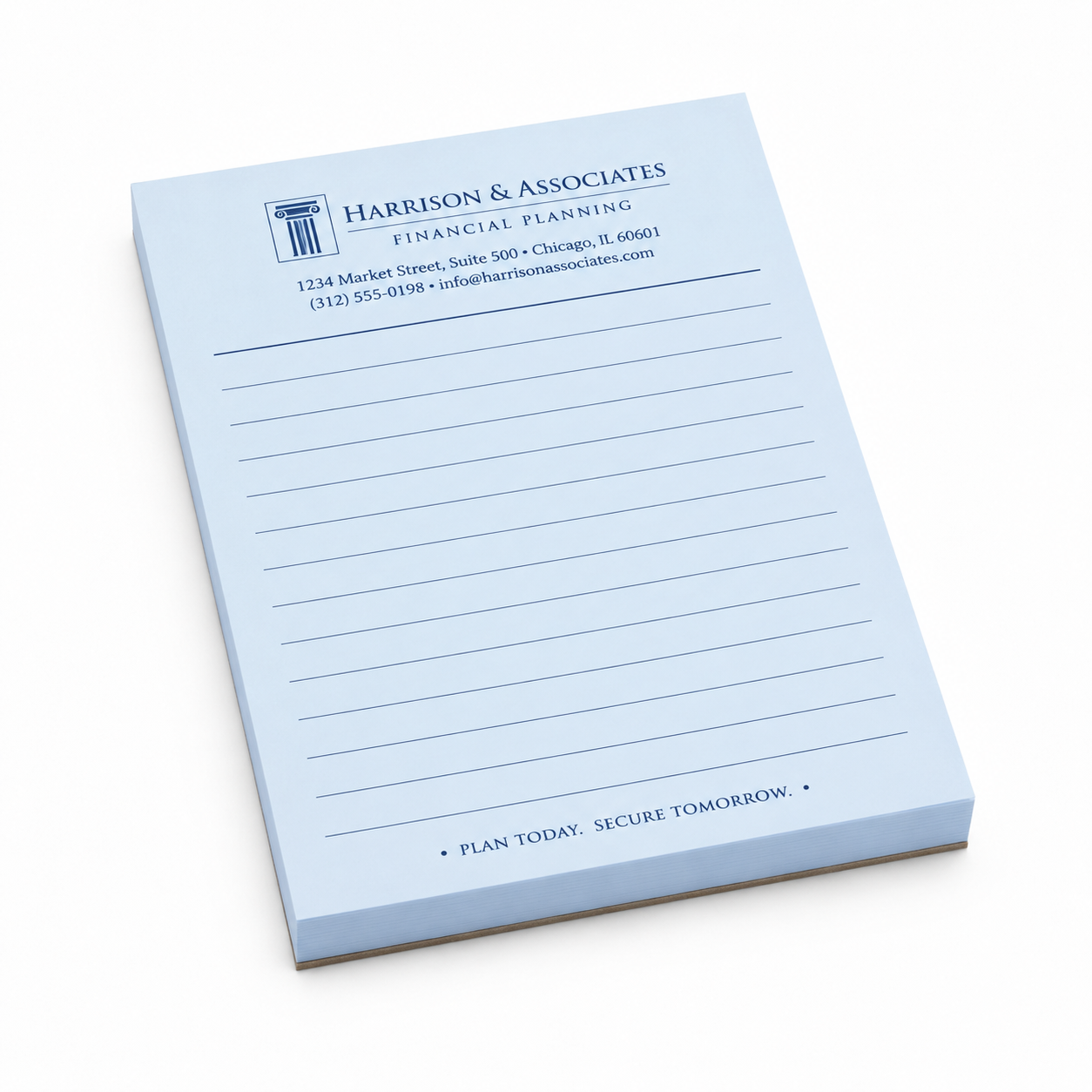 Custom 4.25x5.5 memo pad printed on blue 60 lb paper