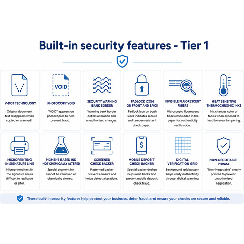 QuickBooks compatible laser lined top checks with Tier 1 standard security features for accounts payable