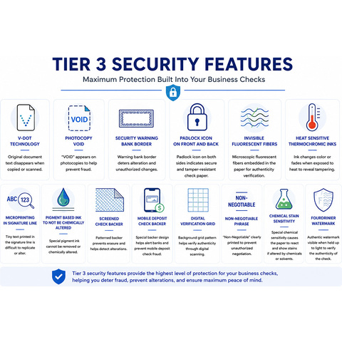 QuickBooks compatible laser lined top checks with Tier 3 high security hologram and fraud protection features