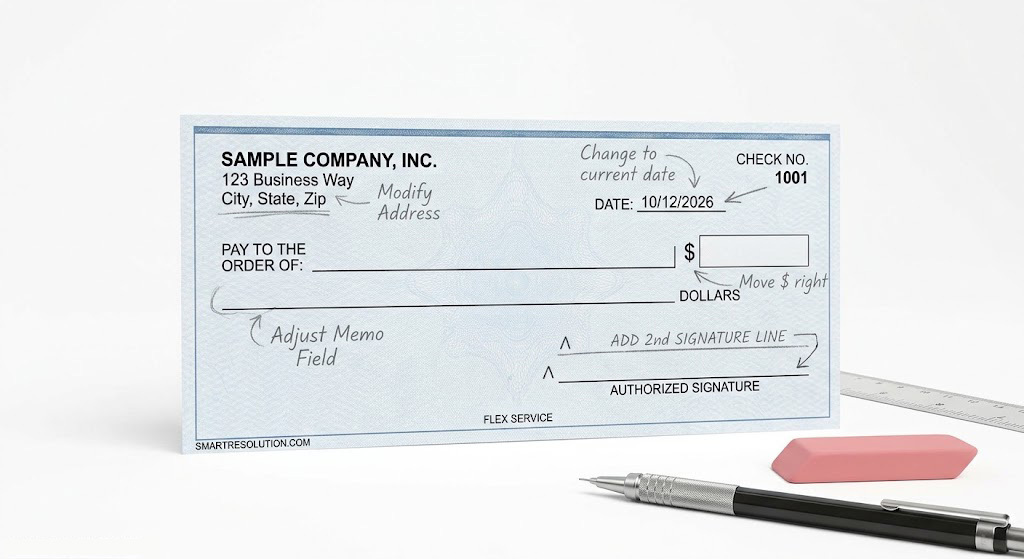 Customized business check showing layout changes for the Flex service