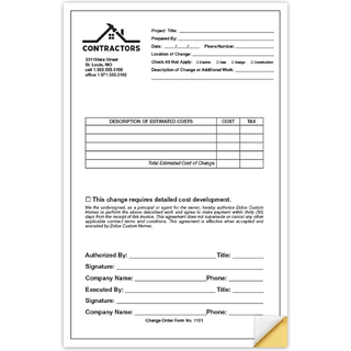 5.5" x 8.5" custom glued-edge forms printed vertically in black ink with 2-part carbonless copies for work orders, invoices, service forms, receipts, and business records.