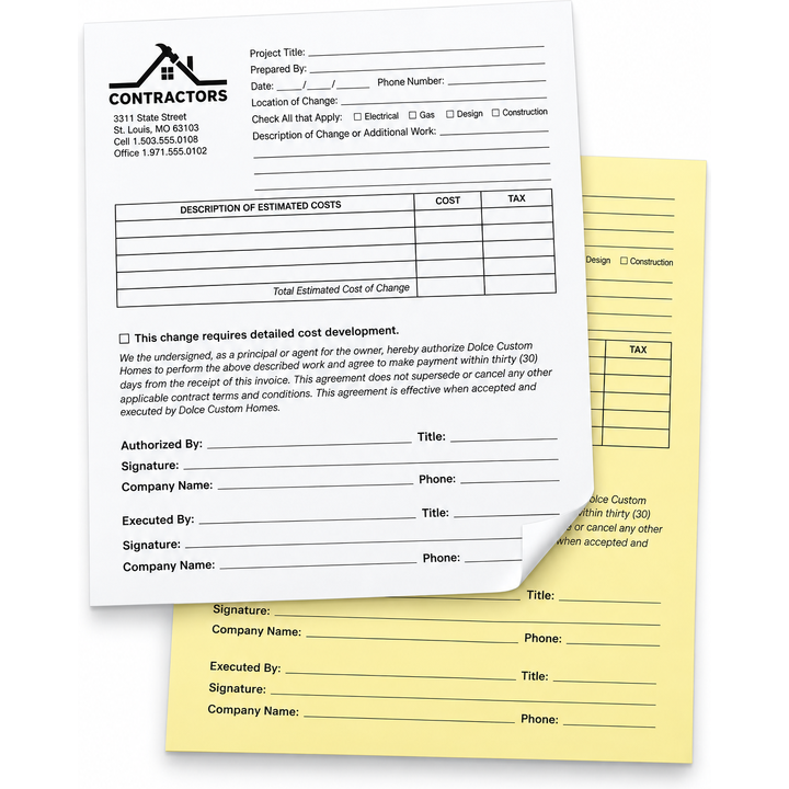 5.5" x 8.5" custom glued-edge forms printed vertically in black ink with 2-part carbonless copies for work orders, invoices, service forms, receipts, and business records.