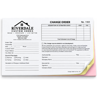 5.5" x 8.5" custom glued-edge forms printed horizontally in black ink with 3-part carbonless NCR copies in white, canary, and pink for change orders, work orders, invoices, service forms, and business records.