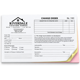 5.5" x 8.5" custom glued-edge forms printed horizontally in black ink with 3-part carbonless NCR copies in white, canary, and pink for change orders, work orders, invoices, service forms, and business records.